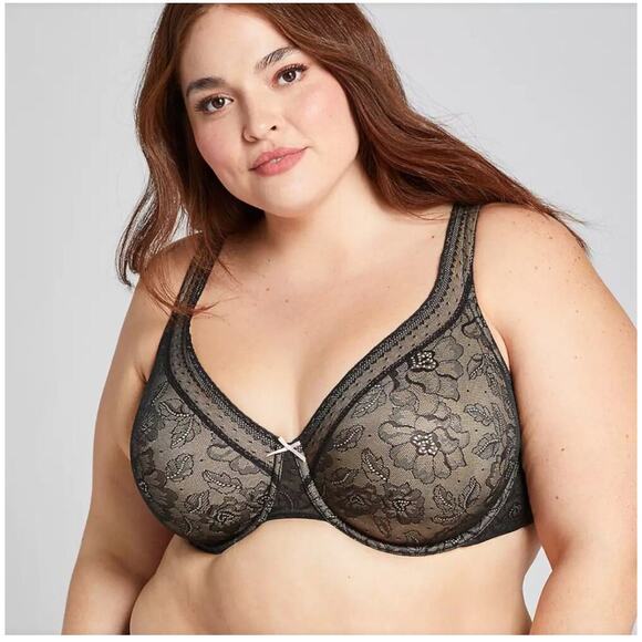 Cacique Bra Size 44D Balconette Modern Lace Covered Lightly Lined Black - Picture 1 of 6